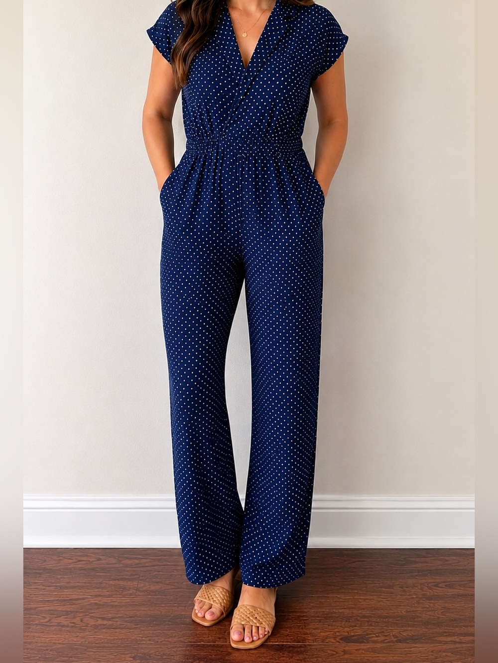 J.Crew Navy Polka Dot Sleeveless Jumpsuit with Pockets – Size 10